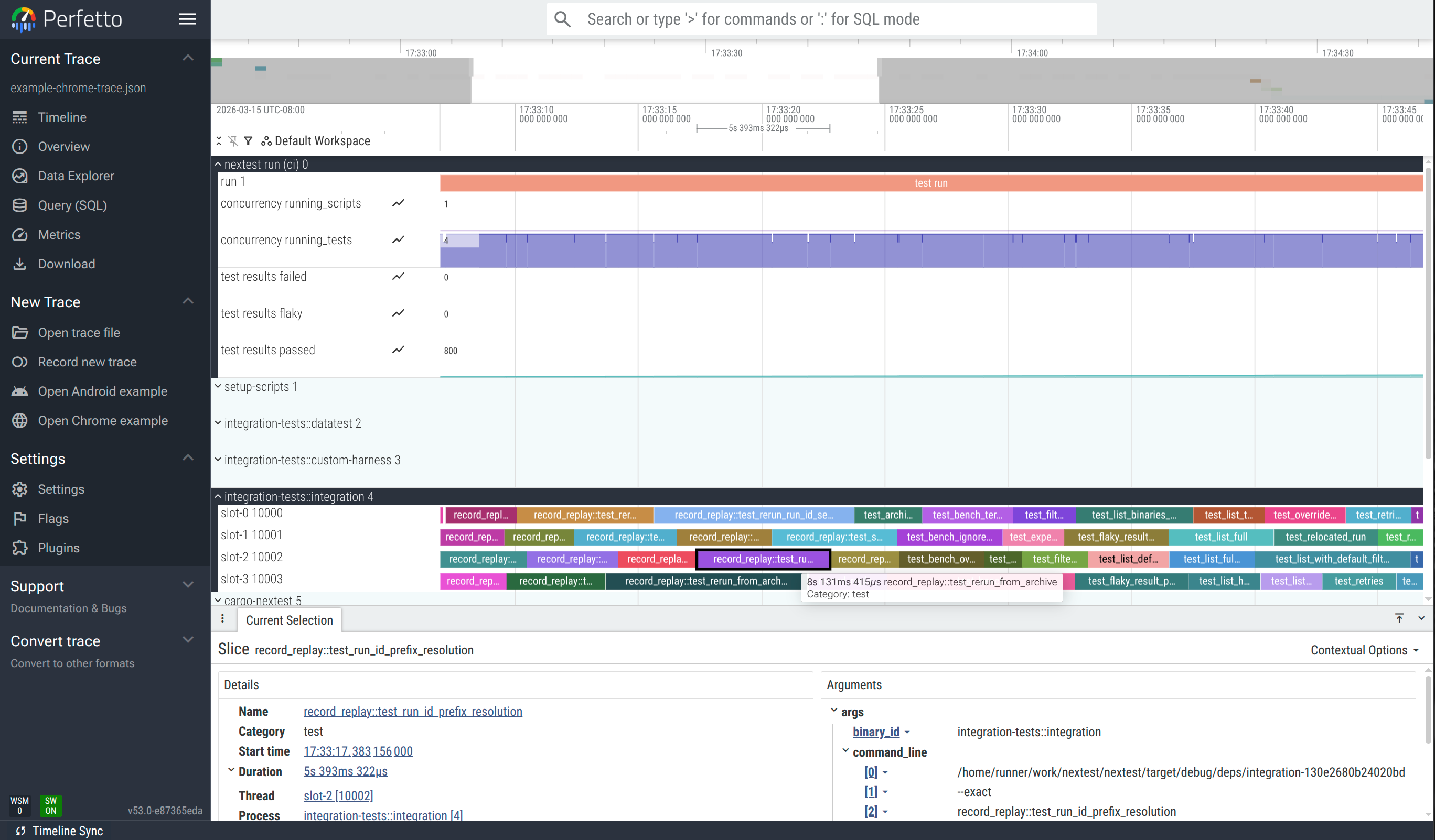 Perfetto UI showing a timeline of nextest test executions, with swim lanes for setup scripts and test binaries, and a detail panel for a selected test