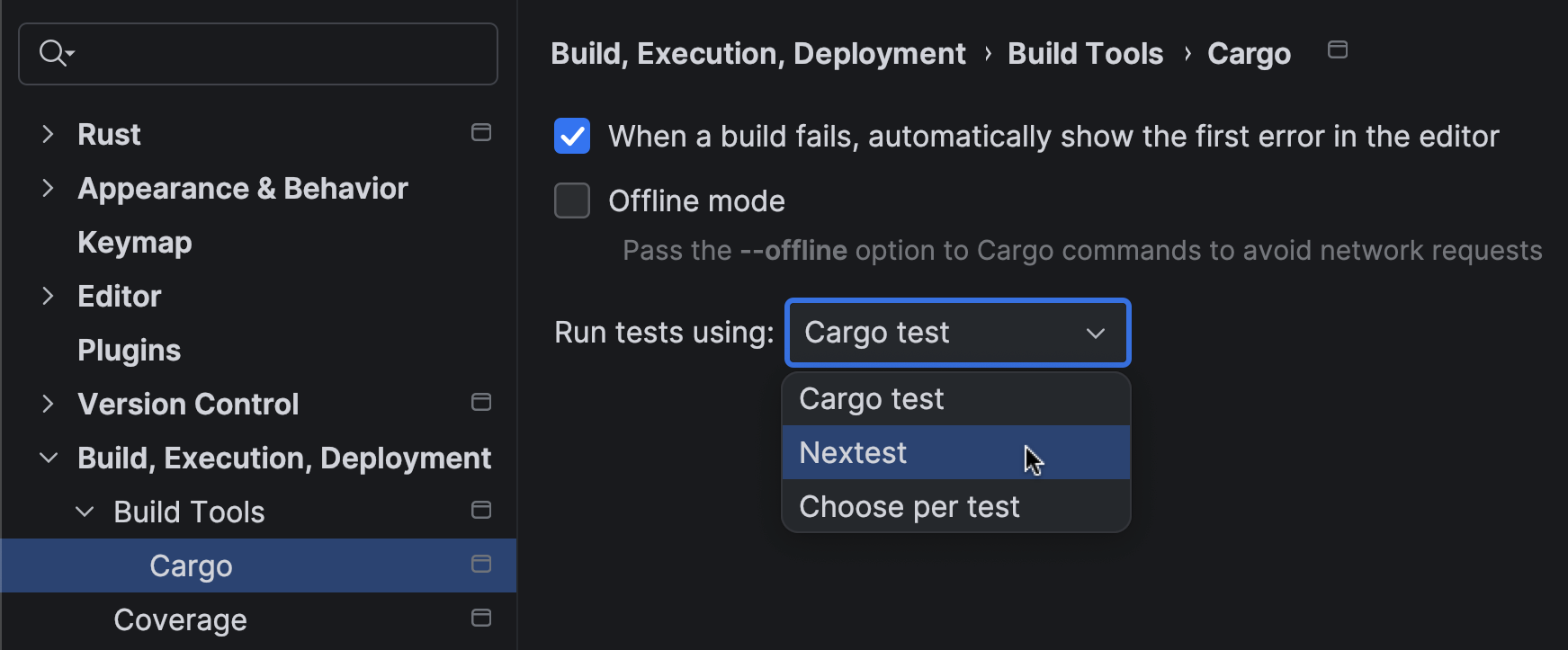 Screenshot of RustRover settings showing Run tests using, with nextest hovered over waiting to be selected.