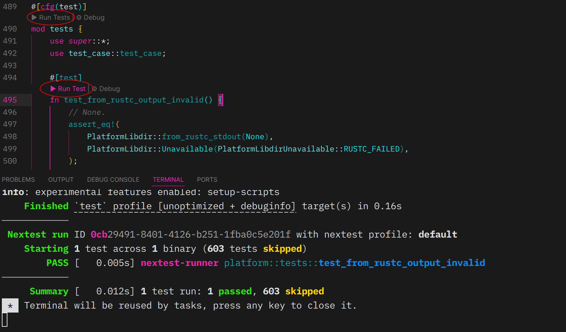 Screenshot of VS Code showing a Rust test file. Inline "Run Tests" and "Run Test" CodeLens buttons appear above a test module and an individual test function, both circled in red. The integrated terminal below shows nextest output with one test passing and 603 skipped.